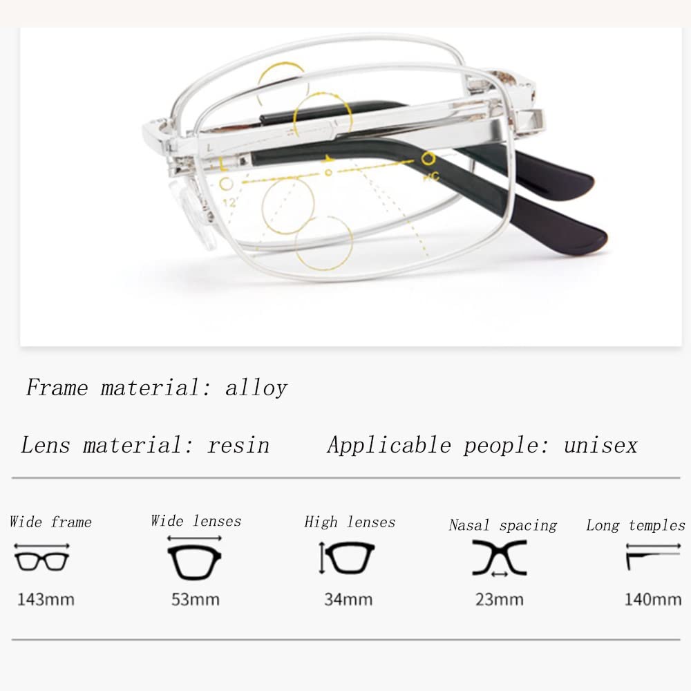 FREAZE Faltbar Sonnenbrille Photochrome Lesebrillen Kompakt Tragbare Lesebrille Progressive Multifokus Ultraleicht Computer Brille Für Damen Herren 1.0-3.5 (Color : Silver, Size : 1.0X)