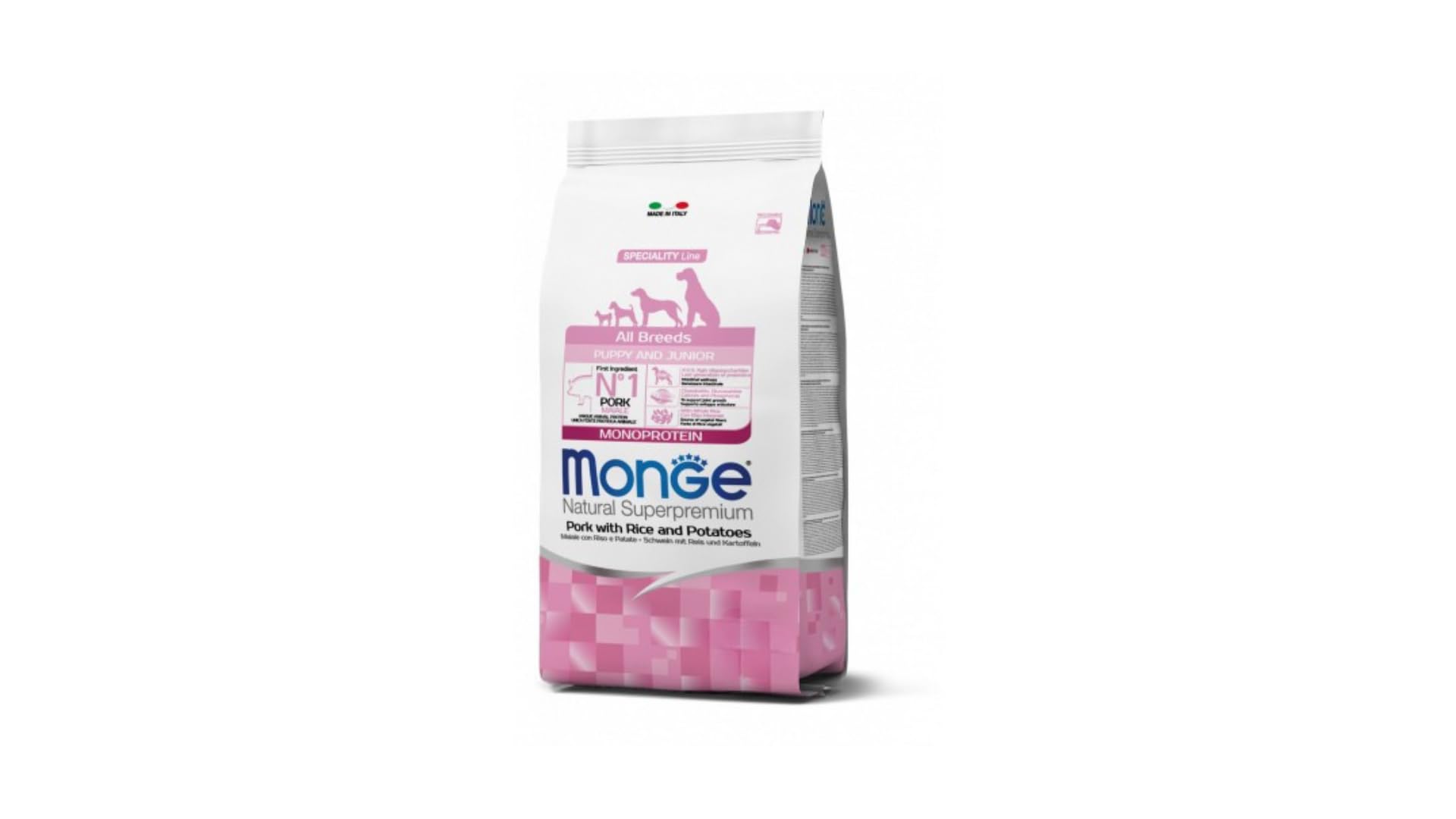 MONGE Cane Natural Superpremium All Breeds Puppy & Junior Monoprotein Maiale con Riso e Patate | alimento secco completo per cani cuccioli di tutte le taglie, Made in Italy, 1 confezione da 12kg.