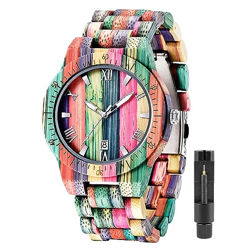 Tiong Brand Wooden Watches Mens with Handmade Colorful Bamboo Wood Watch Analog Date Quartz Wooden Watch for Men