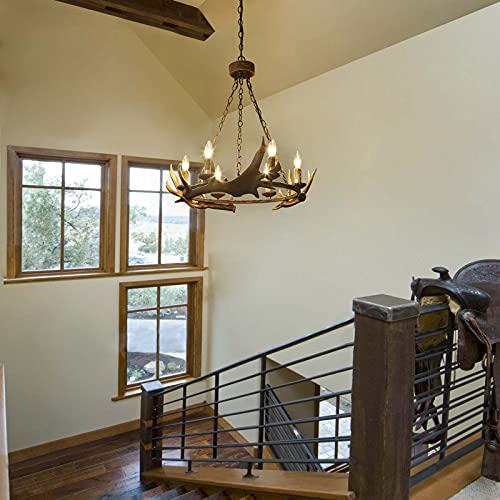 Log Barn Farmhouse Chandelier, Large Antler Chandelier Vintage Hanging Light Fixture For Dining Room, Living Room, And Bar Coffee, Deer Horn In Hand-Polished Resin, 6-Light, 26.5" Dia #TOP3