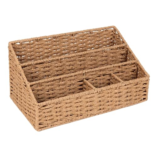 Woven Desk Organizer Basket with 5 Compartments, Rustic Paper Rope