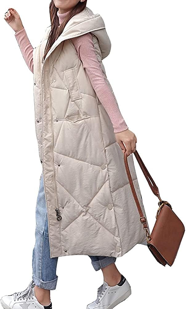 ORANDESIGN Women’s Lightweight Hooded Quilted Waistcoat – Long, Thick, Loose Slim Fit Zip Gilet for Winter Outdoor Activities – Beige, Size L