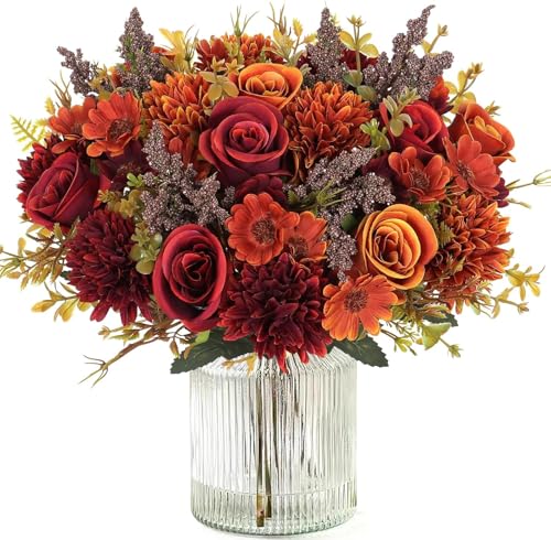 Image of Artificial Flower Bouquet for Home Decoration - 2 Pcs Faux Rose & Daisy Bouquet (Without Pot) Artificial Flowers for Living Room, Bedroom, Office, Vase Decoration (Maroon /Orange)