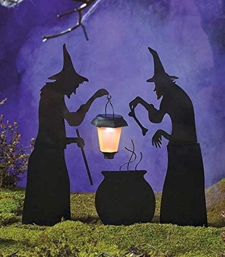 3 Piece Witch Stake Cauldron Pot Solar Lighted Lantern Halloween Silhouette Yard Display Decoration