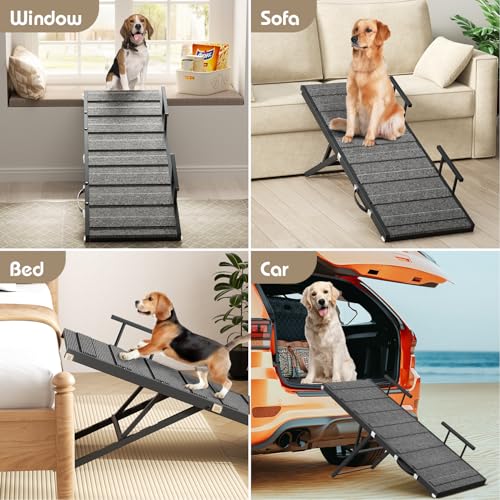 Image of Dog Ramp for Car, Pet Ramp for Adjustable Hight, Folding Dog Ramps for Large Dogs, Dog Ramp for Bed with Anti-Slip Carpet and Safety Rails, Dog Ramps for Indoor Sofa Bed, Black