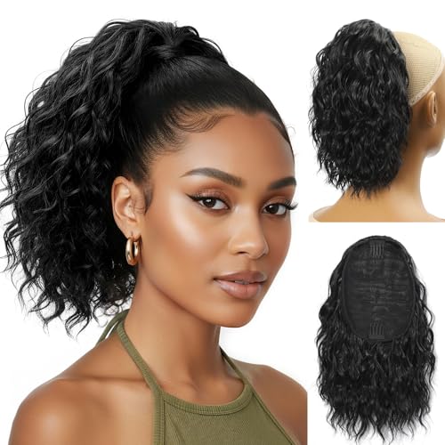 Detean 10 inch Ponytail Extension Drawstring Ponytail for Black Women Short Wavy Curly Ponytails Fluffy Natural Looking Pony Tails Hair Extensions Synthetic Hairpiece (1B)