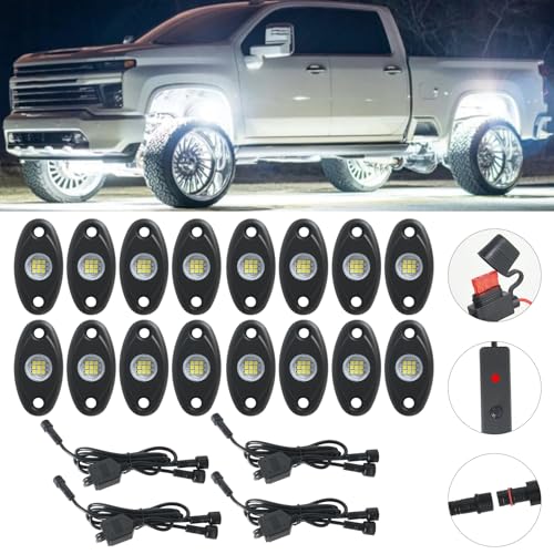 Image of 16pods Pure White Led Rock Lights 6000k Aluminum Alloy Super Bright IP68 Waterproof for Utv ATV SUV RZR Rv Trucks Pickup Car Boats Neon Underglow White Rock Lights with Switch Kit