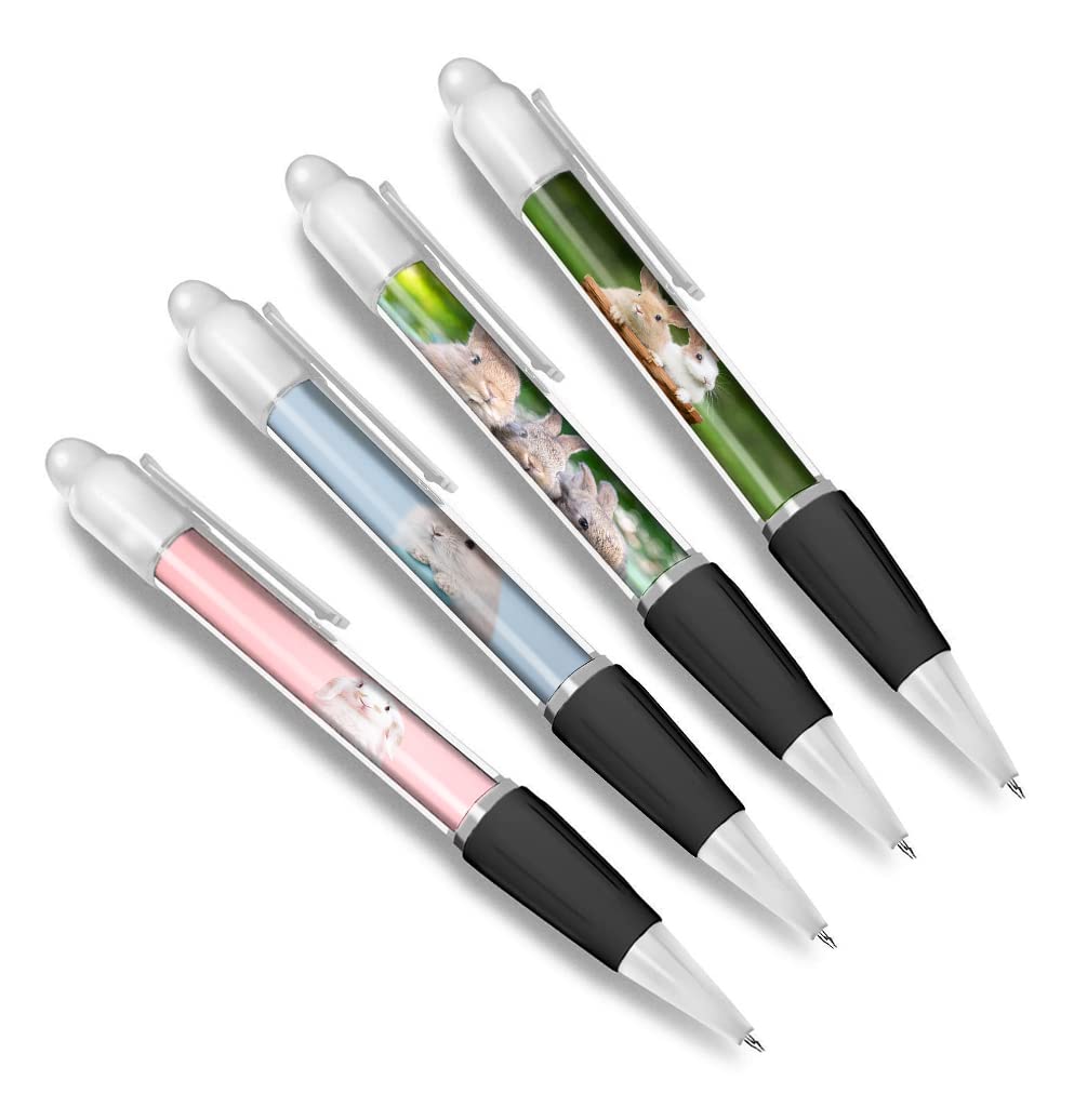 DV DESIGN Set of 4 Rabbit White Ballpoint Pens - Bunny Easter Fluffy Cute Animals Pets Friends Boys Girls Men Women Theme Pen #79350