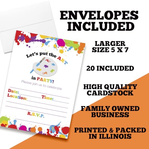 Art Party Paint Splatter Birthday Party Invitations, 20 5\"x7\" Fill In Cards with Twenty White Envelopes by AmandaCreation - Thumbnail 2