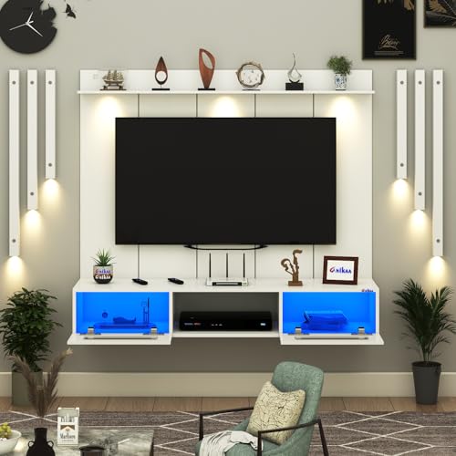 Image of Anikaa OriloPro Engineered Wood Wall Mount TV Unit with PVC Back Panel, Acrylic Blue LED Storage Box, Side Wooden Accent Spot Light Panels I Deal for Up to 50 Inch TV (White - DIY Installation)