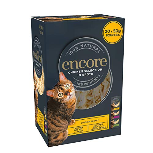 Encore 100% Nourriture Humide Naturelle pour Chat, Assortiment de Poulet en Poches en Bouillon, 4 x 5 x 50g (Lot de 20 Poches)
