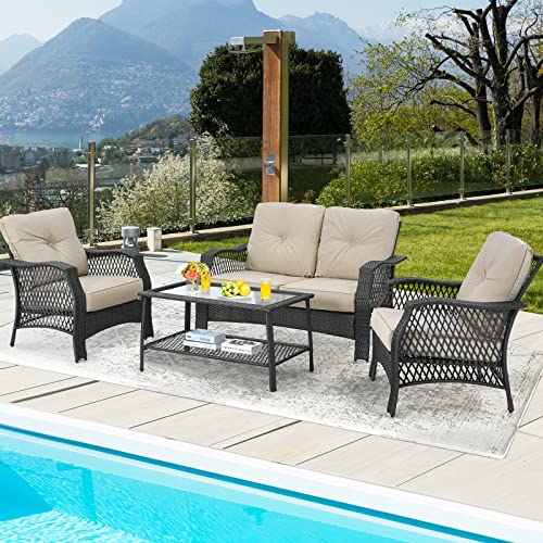Quul 4Pcs Patio Wicker Furniture Set Loveseat Sofa Coffee Table W/Cushion Loveseat Chairs #TOP2