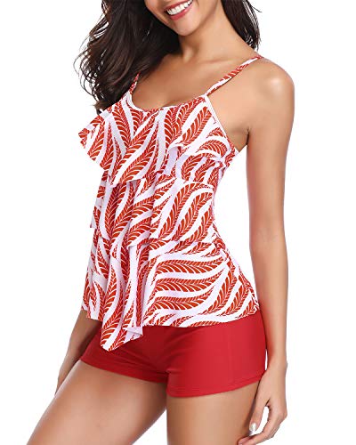 Holipick Women 2 Piece Flounce Printed Top Tankini Bathing Suits Red M