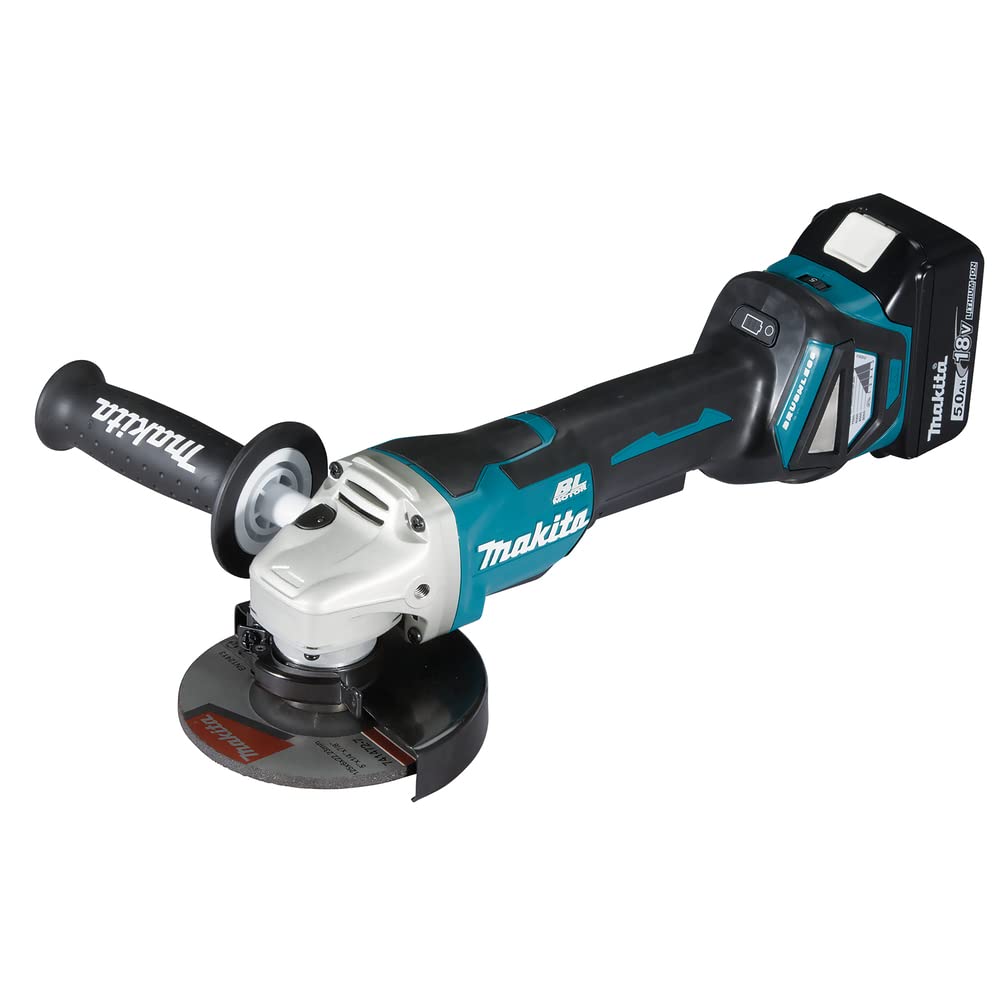 Makita DGA515RTJ Smerigliatrice angolare a batteria 18 V con interruttore a paddle / 5,0 Ah, 2 batterie + caricatore in MAKPAC