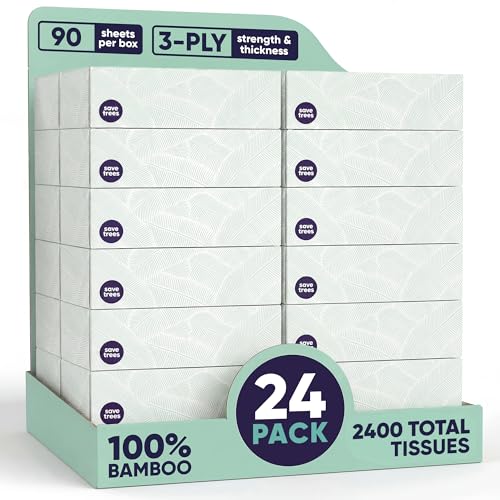 Image of Save Trees Bamboo Facial Tissues -24 Boxes- Bamboo Tissue Boxes, 90 Hypoallergenic Facial Tissues per Box - Unscented, Fragrance-Free, Eco-Friendly Tissues in Plastic-Free Packaging