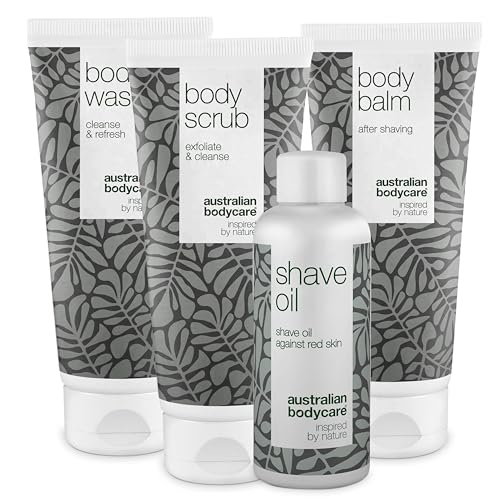 Rasur-Set für den ganzen Körper - Set mit Körperwaschgel, Peeling, Balsam und Rasieröl - Lösung für eine komfortable Rasur - Angereichert mit beruhigendem Teebaumöl - Perfekt für empfindliche Haut