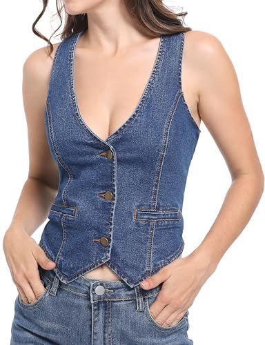 Foucome Womens Denim Vest Button Up V Neck Cropped Jean Vest Top