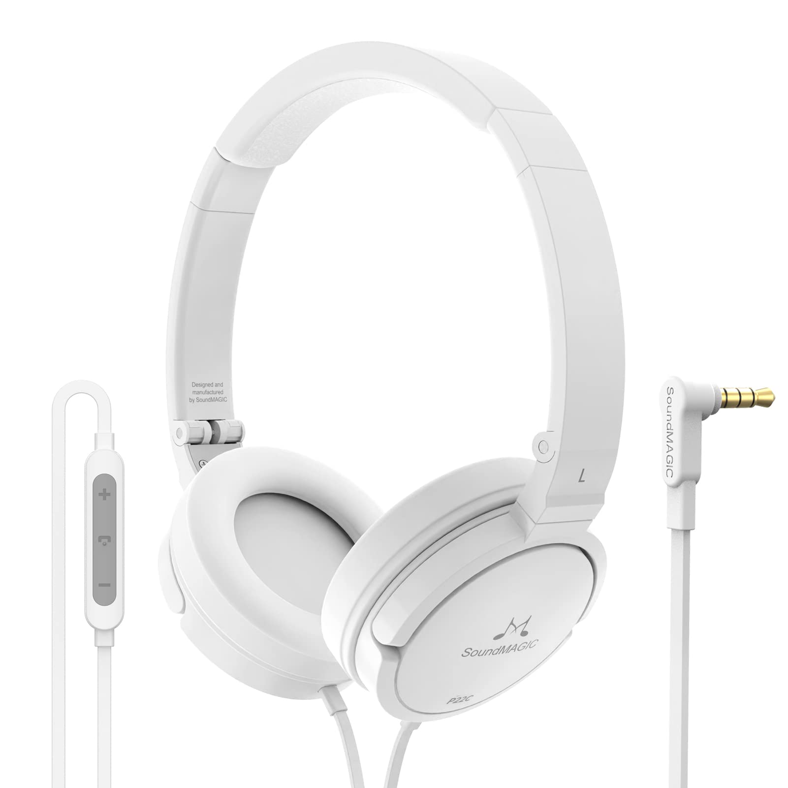 SoundMAGICP22C On-Ear Headphones Portable Hi Fidelity Stereo Wired Lightweight Foldable Headphones with Microphone (P22Cwhite)