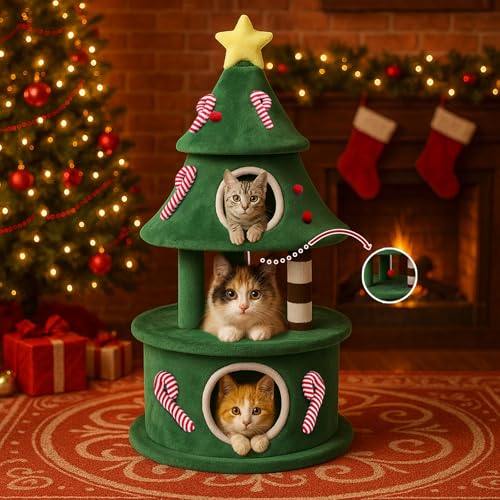 COMHOMA Kratzbaum 135 cm hoch im Weihnachtsbaum-Design mehrstöckiger Katzenbaum mit Katzenhaus Plattformen & Spielbällen Stabiler Kletterbaum für Katzen grün