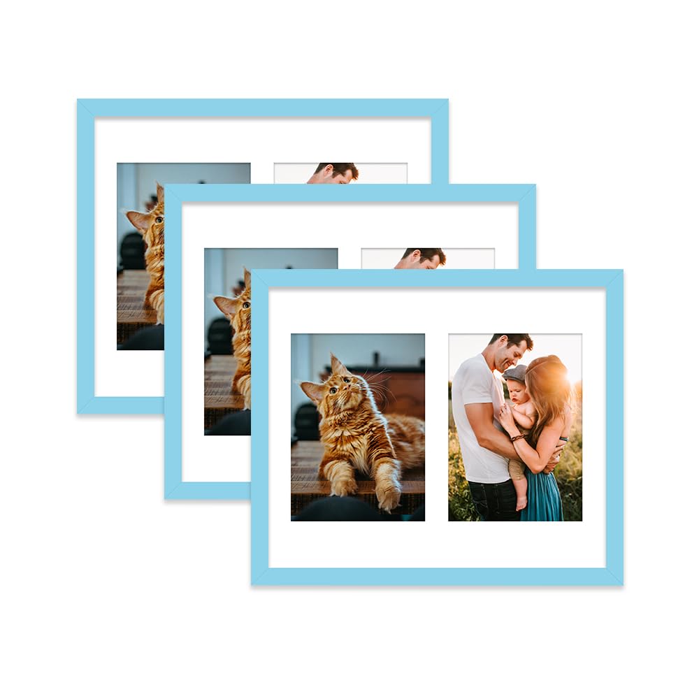 Light Blue Multi Photo Frame - Holds 2 x 7x5 Pictures, Family Collage Picture Frame for Wall Display, 12x10 Frame size, Set of 3