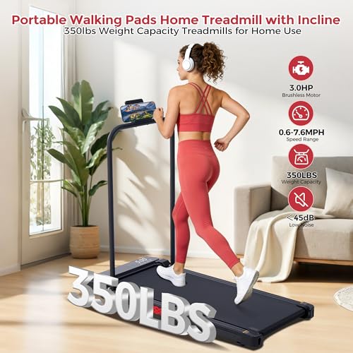 Image of Walking Pad Treadmill with Handle Bar and Incline, 3.5HP Electric Small Treadmills for Home Small Spaces, 0.6-10MPH Portable Mini Treadmills for Home Exercising, Compact Treadmill with Handles, 400LBS