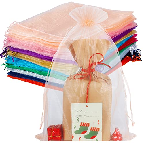 HRX Package 100pcs Large Organza Bags 8x12 inch Mesh Gift Drawstring Pouches Goodie Bags Assorted Colors for Christmas Shower Party Favors Samples
