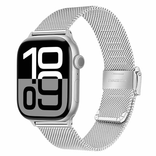 TRUMiRR Silver Band for Apple Watch 10 42mm Women Men, Mesh Woven Stainless Steel Watchband Replacement Strap Bracelet for iWatch Apple Watch SE Series 9 8 7 6 5 4 3 2 1 38mm 40mm 41mm