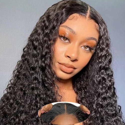 Image of Srakuw Wear and Go Glueless Wigs Human Hair Pre Plucked Pre Cut 180 Density 4x4 Lace Front Wigs for Black Women Water Wave Wig Human Hair Curly Wig(20 Inch)
