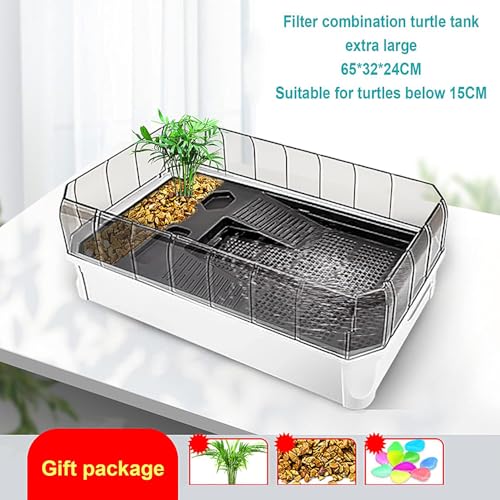 Acuario de tanque de tortugas extragrande con solárium, 5 áreas, filtro de algodón, plantas de plataforma, fácil de limpiar y cambiar el agua para tomar el sol, alimentar, criar, hibernar