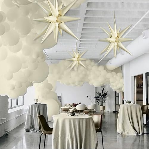 Image of TONIFUL 4 Pcs Explosion Star Balloons Cream White Foil Balloon Party Decor | 22 Inch Large Mylar Star Balloon for Cream Party Decor Boho Birthday Wedding Bridal Shower Neutral Baby Shower Engagement
