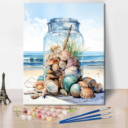 TISHIRON Coquillages Peinture par Numéros Adultes Débutants, Plage Peinture par Numéros pour Adultes sur Toile, Paysage Marin Peinture à l'huile pour la...