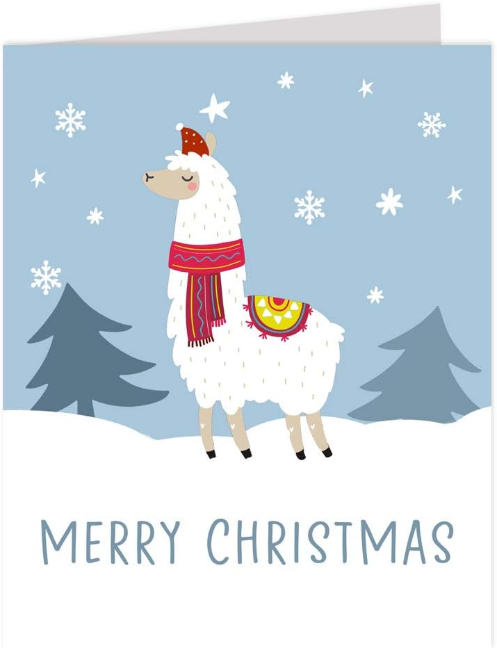 Llama Christmas Card Winter Holiday Greeting Cards Cute Adorable Alpaca Scarf Snow Snowflakes Seasons Greetings Merry Xmas Printed Folding Card (12 Count)