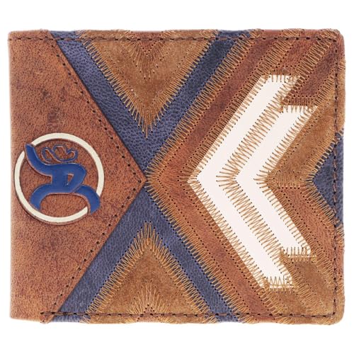 Image of HOOEY Kamali Roughy Roughout, Brown, Blue & Ivory Patchwork Wallet w /Debossed Roughy 2.0 Logo Bifold Wallet (RBF015-BRTN)
