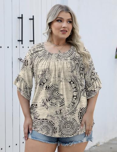Image of Micoson Womens Plus Size Tops 3 /4 Ruffle Sleeve Crewneck Pleated Shirts