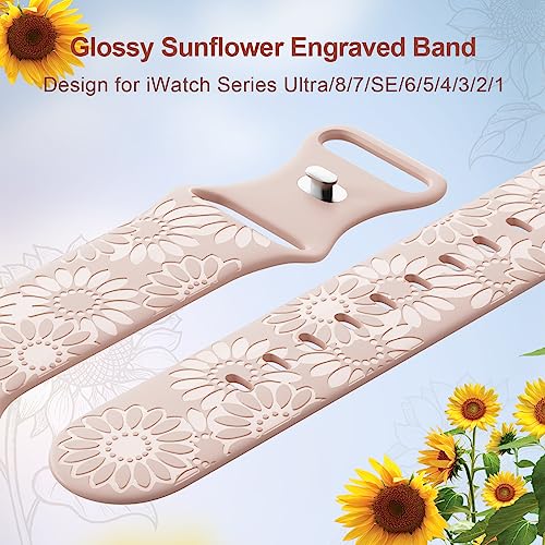 Image of Sunflower Engraved Band Compatible with Apple Watch Bands 38mm 40mm 41mm 42mm 44mm 45mm 49mm Women, Designer Soft Glossy Floral Silicone Strap for iWatch Series Ultra 11 10 9 8 7 6 SE 5 4 3 2 1