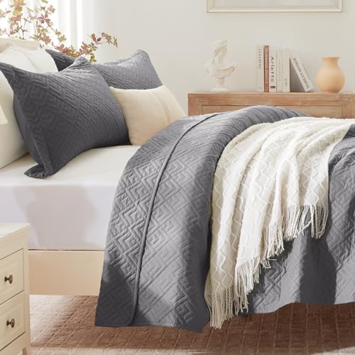 EXQ Home Quilt Set Twin Size Grey 2 Piece,Lightweight Soft Coverlet Modern Style Squares Pattern Bedspread Set for All Season(1 Quilt,1 Pillow Shams)