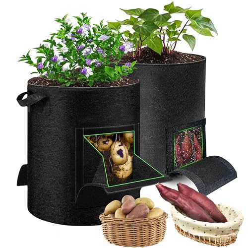 HOORayeah Paquete de 2 bolsas de cultivo de patatas de 10 galones, juego de macetas de tela para cultivo de plantas para zanahorias, tomates y otras verduras, bolsa para macetas