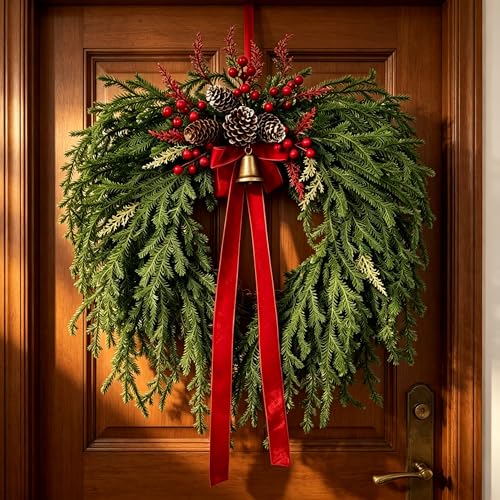 24 Inch Christmas Wreath for Front Door - Artificial Cedar Winter Wreath with Red Velvet Bow, Golden Bell, Pinecones & Red Berries, Farmhouse Holiday Wreath for Indoor Outdoor Christmas Decorations