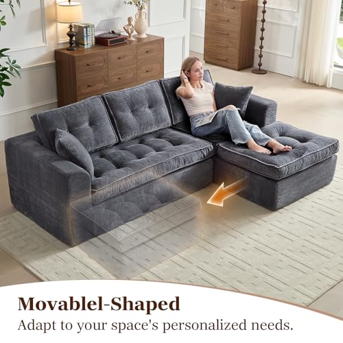 Image of ROXGOX Modular Sectional Sofa, Modern Boneless Couch with L-Shape Chaise, Home Sectional Comfy Sofa Set for Living Room Bedroom and Floor, Plush Corduroy, No Assembly Required (Gray)