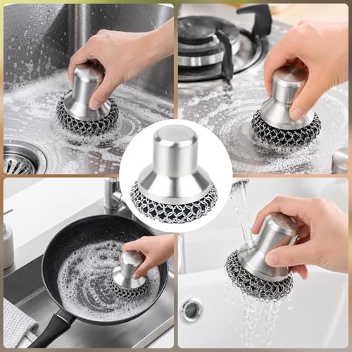 Image of Cast Iron Scrubber and Scraper, 316 Chain Mail Scrubber for Cleaning Dishes, Stock Pots, Black, 1 Count ((Small&Large Chainmail,2pcs))