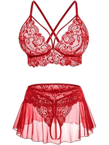 JFAN Conjunto Lencería para Mujer 3 Piezas Transparente Cuello en V de Encaje Mini Babydoll Floral Conjunto de Push Up Sujetador y Tanga，Rojo Talla única