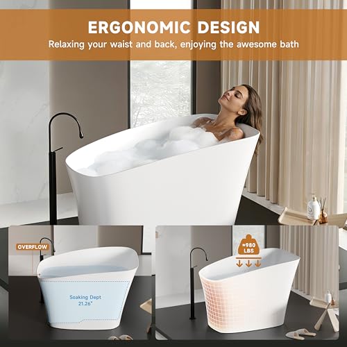Image of 51 '' Stone Resin Janpanese Soaking Tub, Freestanding Deep Soaking Bathtub with Seat Desgin,Toe-tap Chrome Right Drain, Slotted Overflow Matte White