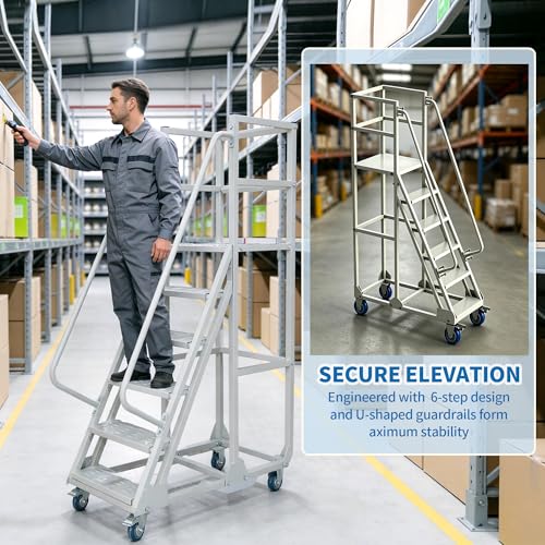 Image of 6-Step Rolling Ladder with Handrails Lockable Wheels, Rolling Stairs with 51 inch Heigh Anti-Slip Platform with Fencehail, Industrial Platform Ladder for Supermarket Warehouse Factory, 19.6 inch W x74.7 H