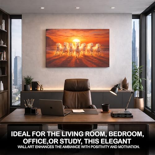 Image of Rousrie Big Size 7 Horses Vastu Frame Wall Art Painting, White Running Horses on Water, Rising Sun Wall Decor, Multicolor (50 cm x 75 cm)
