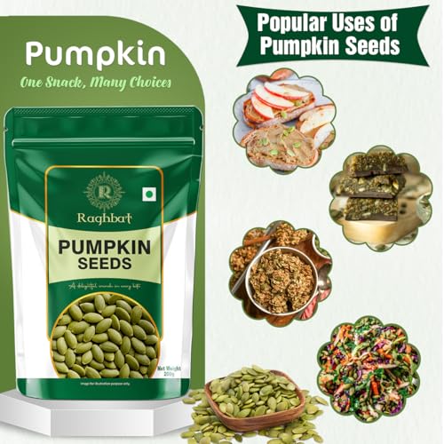 Image of Raghbat Pumpkin Seeds, 200g, Rich in Protein, Dietary Fibre, Magnesium & Phosphorus, Raw & Unroasted Pumpkin Seeds, Source of Iron & Zinc, Handpicked Seeds, Resealable Pack