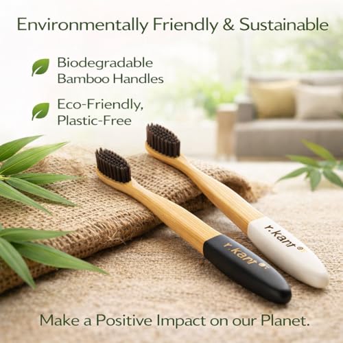 Image of R.Kant Pack of 2 Bamboo Toothbrush Combo for Adults | White & Black | Charcoal Infused Soft Bristles | Eco-Friendly Handle | Includes 2 Toothbrushes & 1 Bamboo Tongue Cleaner