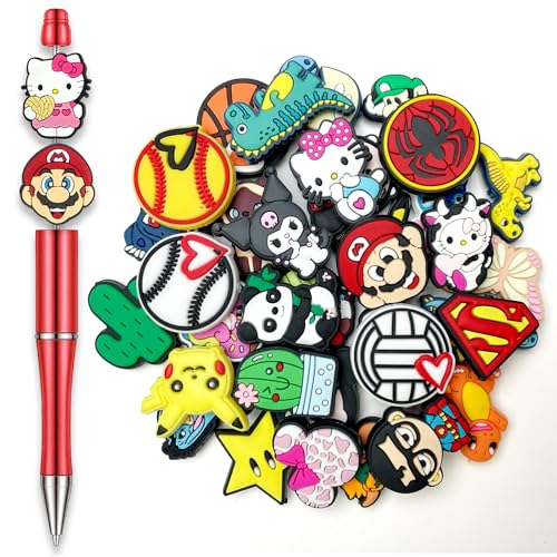 Garetheora 35Pcs Random Cartoon Focal Beads for Pens Cute Silicone Focal Beads for Making DIY Bead Pens Keychain Jewelry