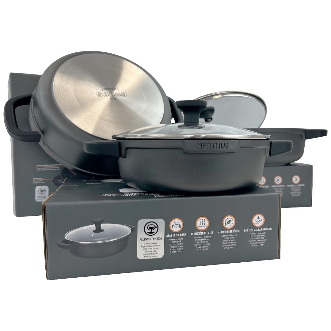 Nerthus FIH 1559 niski garnek z odlewanego aluminium z powłoką nieprzywierającą quantanium odpowiedni do indukcji gazu i płyty ceramicznej szklana pokrywka z zaworem i zdejmowane silikonowe uchwyty