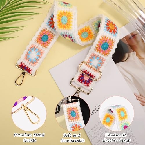 Image of Mikovivi Crochet Flower Purse Strap, 2 inch inch Wide Women's Adjustable Bag Strap Crossbody Colorful Boho Knitted Purse Strap with Metal Buckles Replacement Crossbody Strap for Handbags Guitars