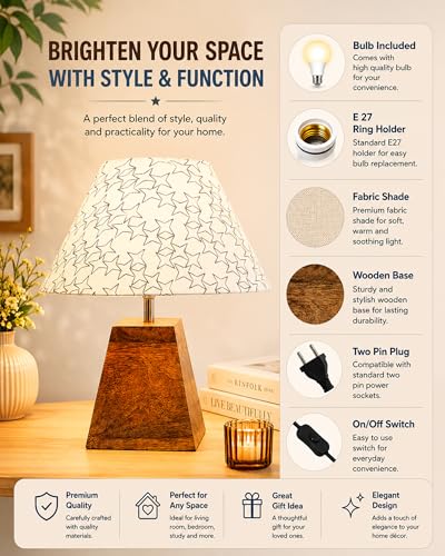 Image of Homesake Wooden Base Pyramid Table Lamp, Lamps for Living Room, Bedside Night Lamp, Lamp for Bedroom Decoration, Modern Home Decorative Light, Desk Lamp,Study Lamp, Home Decor, White Star Shade